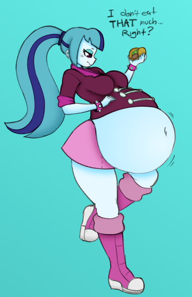 Size: 1083x1669 | Tagged: suggestive, artist:angstrom, artist:pacificside18, derpibooru import, sonata dusk, equestria girls, rainbow rocks, bbw, belly, big belly, blue background, boots, breasts, clothes, denial, dialogue, fat, female, food, food baby, huge belly, ponytail, shoes, simple background, skirt, solo, solo female, sonataco, sonatubby, stuffed, taco