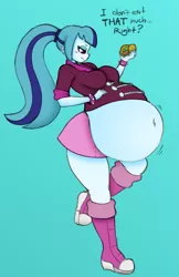 Size: 1083x1669 | Tagged: suggestive, artist:angstrom, artist:pacificside18, derpibooru import, sonata dusk, equestria girls, rainbow rocks, bbw, belly, big belly, blue background, boots, breasts, clothes, denial, dialogue, fat, female, food, food baby, huge belly, ponytail, shoes, simple background, skirt, solo, solo female, sonataco, sonatubby, stuffed, taco