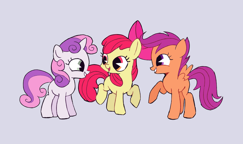 Size: 2828x1678 | Tagged: safe, artist:ivyredmond, derpibooru import, apple bloom, scootaloo, sweetie belle, earth pony, pegasus, pony, unicorn, adorabloom, bow, cute, cutealoo, cutie mark crusaders, diasweetes, gray background, hair bow, pacman eyes, simple background, smiling