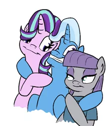 Size: 568x654 | Tagged: safe, artist:bennimarru, derpibooru import, maud pie, starlight glimmer, trixie, earth pony, pony, unicorn, female, looking at each other, simple background, smiling, the amazing trio of friendship, trio, white background
