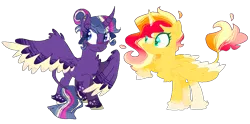 Size: 997x493 | Tagged: safe, artist:mamicifer, artist:selenaede, derpibooru import, sunset shimmer, twilight sparkle, twilight sparkle (alicorn), alicorn, classical unicorn, pony, unicorn, alicornified, alternate design, alternate universe, base used, blushing, chest fluff, cloven hooves, coat markings, colored hooves, colored wings, colored wingtips, curved horn, ear fluff, eyebrows visible through hair, female, hair bun, hoof fluff, horn, leonine tail, lesbian, looking away, mare, race swap, shimmercorn, shipping, simple background, smiling, sunsetsparkle, transparent background, unshorn fetlocks, wing fluff, wings