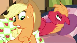 Size: 1920x1080 | Tagged: safe, derpibooru import, screencap, applejack, big macintosh, earth pony, pony, growing up is hard to do, applejack is not amused, bags under eyes, bed, brother and sister, duo, female, firm, freckles, gritted teeth, male, mare, miserable, on bed, raised eyebrow, siblings, stallion, unamused