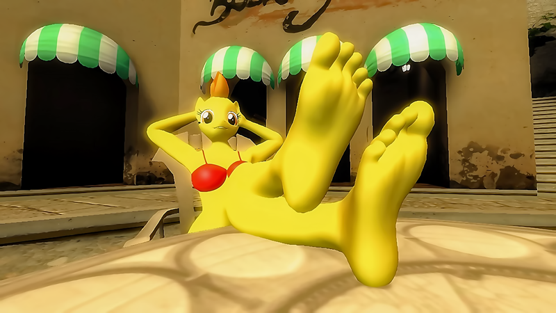 Size: 1920x1080 | Tagged: 3d, anthro, armpits, artist:vibronbin13, barefoot, bikini, breasts, clothes, derpibooru import, feet, female, fetish, foot fetish, foot focus, gmod, mare, pegasus, plantigrade anthro, soles, solo, spitfire, suggestive, swimsuit, toes