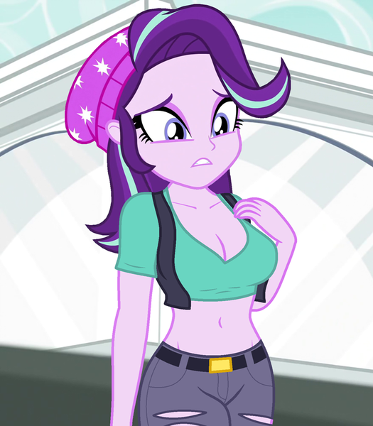 Size: 721x824 | Tagged: safe, derpibooru import, edit, edited screencap, editor:ah96, screencap, starlight glimmer, equestria girls, mirror magic, spoiler:eqg specials, beanie, belly button, breast edit, breasts, busty starlight glimmer, cleavage, clothes, cropped, hat, midriff, ripped pants, short shirt, solo, stupid sexy starlight glimmer, vest