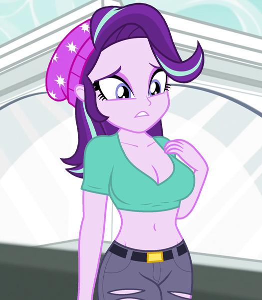 Size: 721x824 | Tagged: safe, derpibooru import, edit, edited screencap, editor:ah96, screencap, starlight glimmer, equestria girls, mirror magic, spoiler:eqg specials, beanie, belly button, breast edit, breasts, busty starlight glimmer, cleavage, clothes, cropped, hat, midriff, ripped pants, sexy, short shirt, solo, stupid sexy starlight glimmer