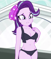 Size: 721x824 | Tagged: suggestive, derpibooru import, edit, edited screencap, editor:ah96, screencap, starlight glimmer, equestria girls, mirror magic, spoiler:eqg specials, beanie, belly button, black underwear, bra, breast edit, breasts, busty starlight glimmer, cleavage, clothes, cropped, female, hat, panties, sexy, solo, solo female, stupid sexy starlight glimmer, underwear, underwear edit, vest