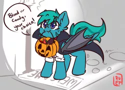 Size: 4171x3000 | Tagged: :3, artist:ruef, candy, clothes, costume, cute, derpibooru import, fake wings, food, halloween, halloween costume, holiday, jack-o-lantern, male, mouth hold, oc, oc:compass rose, pumpkin, pumpkin bucket, safe, stallion, trick or treat, unofficial characters only, vampire