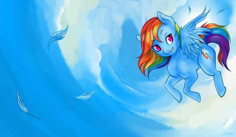 Size: 1024x597 | Tagged: safe, artist:jiinxi, derpibooru import, rainbow dash, pegasus, pony, cloud, colored pupils, cute, dashabetes, ear fluff, feather, female, mare, sky, solo