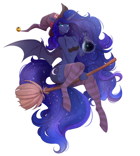 Size: 2405x2668 | Tagged: suggestive, artist:1an1, derpibooru import, princess luna, alicorn, anthro, bat pony, bat pony alicorn, unguligrade anthro, bat wings, breasts, broom, busty princess luna, clothes, digital art, female, flying, flying broomstick, hat, horn, mare, simple background, smiling, socks, solo, striped socks, white background, wings, witch, witch hat