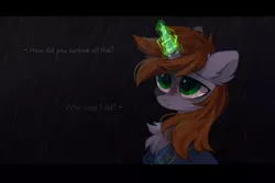 Size: 2449x1632 | Tagged: safe, artist:mirtash, derpibooru import, oc, oc:littlepip, unofficial characters only, pony, unicorn, fallout equestria, fallout equestria: the line, fanfic, bust, chest fluff, clothes, dialogue, fanfic art, female, glowing horn, horn, magic, mare, portrait, rain, rcf community, scar, solo, spec ops: the line, text, vault suit