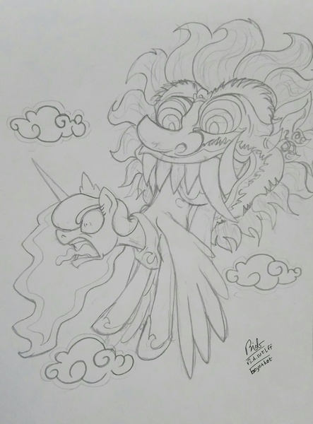 Size: 2284x3095 | Tagged: safe, artist:boyoxhot, derpibooru import, princess luna, alicorn, demon, pony, biting, butt bite, cloud, fangs, female, folklore, kala rau, mare, monochrome, mythology, pain, screaming, simple background, sketch, tongue out, traditional art, wide eyes