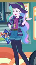 Size: 604x1080 | Tagged: safe, derpibooru import, screencap, princess celestia, equestria girls, equestria girls series, the road less scheduled, the road less scheduled: celestia, spoiler:choose your own ending (season 2), spoiler:eqg series (season 2), brochure, clothes, cropped, feather, feather necklace, flannel, food, food truck, hat, jewelry, leggings, legs, necklace, open mouth, principal celestia, shorts, smiling, sushi, wasabi