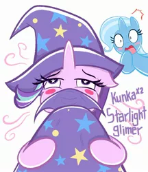 Size: 2126x2455 | Tagged: suggestive, artist:garammasara, derpibooru import, starlight glimmer, trixie, pony, unicorn, blushing, cape, clothes, female, fetish, hat, lesbian, olfactophilia, shipping, sniffing, startrix, trixie's cape, trixie's hat, wingding eyes