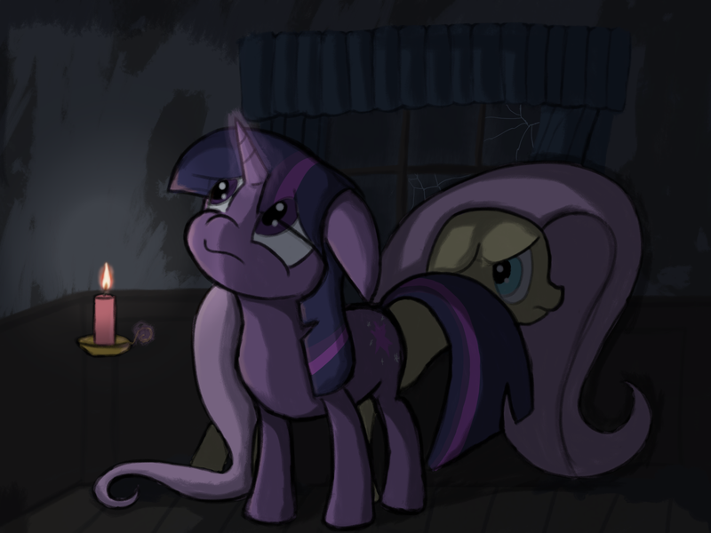 Size: 2048x1536 | Tagged: safe, artist:grey vicar, derpibooru import, fluttershy, twilight sparkle, pegasus, pony, unicorn, candle, female, full body, mare, scared