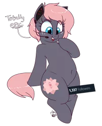 Size: 2100x2600 | Tagged: safe, artist:notenoughapples, derpibooru import, oc, oc:vedalia rose, earth pony, pony, belly button, dialogue, headset, milestone, simple background, solo, transparent background