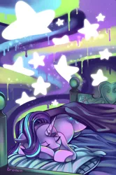 Size: 800x1202 | Tagged: safe, artist:breioom, derpibooru import, starlight glimmer, pony, unicorn, bed, colorful, dripping, psychadelic, sleeping, solo, stars