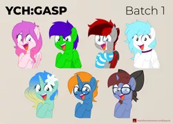 Size: 2000x1432 | Tagged: safe, artist:jhayarr23, derpibooru import, part of a set, oc, oc:lily pond, oc:luscious desire, unofficial characters only, bat pony, earth pony, pegasus, pony, unicorn, bat pony oc, bat wings, bow, clothes, commission, earth pony oc, female, flower, flower in hair, gasp, glasses, hair bow, horn, male, mare, pegasus oc, smiling, socks, stallion, striped socks, unicorn oc, wings, ych result, ych:gasp