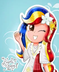 Size: 797x960 | Tagged: safe, artist:jhayarr23, derpibooru import, oc, oc:pearl shine, unofficial characters only, human, equestria girls, abstract background, clothes, equestria girls-ified, ethereal mane, flower, flower in hair, grin, hairpin, humanized, nation ponies, one eye closed, philippines, smiling, solo, starry mane, text, waving, wink