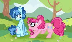 Size: 1233x727 | Tagged: safe, artist:rainbowfantasia, derpibooru import, party favor, pinkie pie, earth pony, pony, unicorn, alternate hairstyle, female, hairclip, male, mare, partypie, shipping, stallion, straight