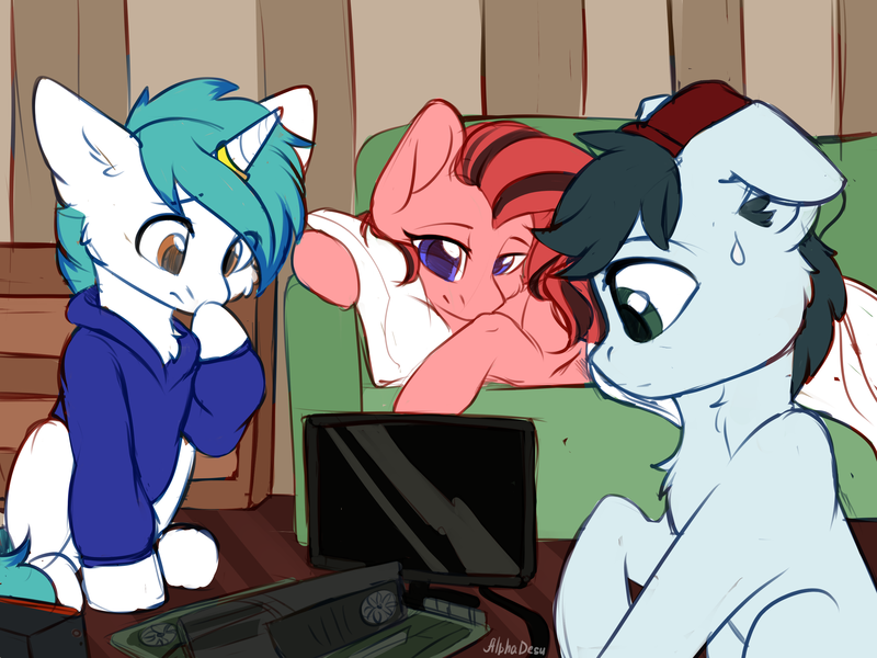 Size: 2732x2048 | Tagged: safe, artist:alphadesu, derpibooru import, oc, oc:safty, oc:scarlett a la creme, oc:snowy blue, unofficial characters only, pony, computer, confused, couch, hat, horn, horn ring, jewelry, monitor, motherboard, pillow, ring, sweat, sweatshirt, white fur