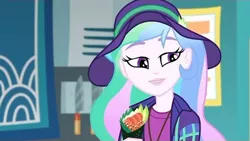 Size: 1280x720 | Tagged: safe, derpibooru import, screencap, princess celestia, equestria girls, equestria girls series, the road less scheduled, the road less scheduled: celestia, spoiler:choose your own ending (season 2), spoiler:eqg series (season 2), choose celestia, cyoa, food, hat, principal celestia, solo, sushi, sushi cone