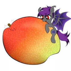 Size: 1500x1500 | Tagged: safe, artist:move, derpibooru import, oc, oc:fledermaus, bat pony, pony, bat pony oc, bat wings, biting, commission, cute, cutie mark, female, food, mango, shocked mango, solo, wings