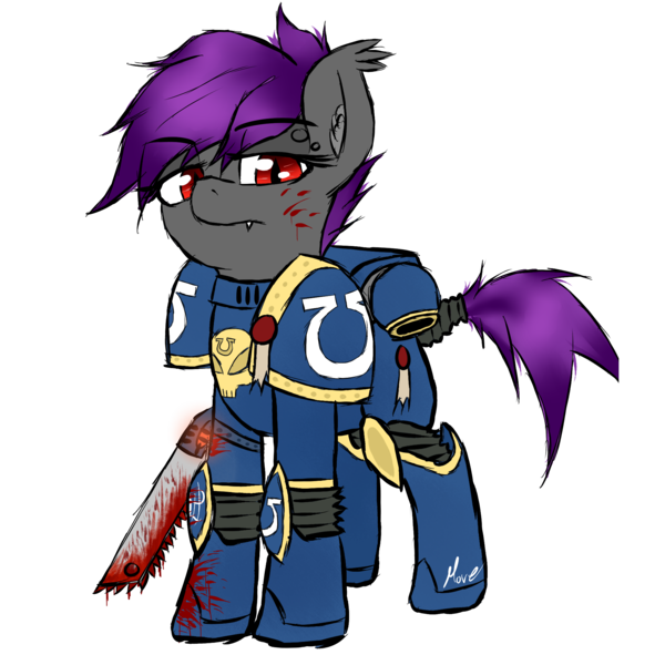 Size: 2000x2000 | Tagged: semi-grimdark, artist:move, derpibooru import, oc, oc:fledermaus, unofficial characters only, bat pony, pony, armor, bat pony oc, bat wings, blood, blood stains, chainsaw, chainsword, commission, fangs, female, marine, power armor, simple background, solo, space marine, sword, transparent background, ultramarine, warhammer (game), warhammer 40k, weapon, wings