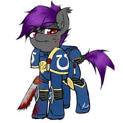 Size: 2000x2000 | Tagged: semi-grimdark, artist:move, derpibooru import, oc, oc:fledermaus, unofficial characters only, bat pony, pony, armor, bat pony oc, bat wings, blood, blood stains, chainsaw, chainsword, commission, fangs, female, marine, power armor, simple background, solo, space marine, sword, transparent background, ultramarine, warhammer (game), warhammer 40k, weapon, wings