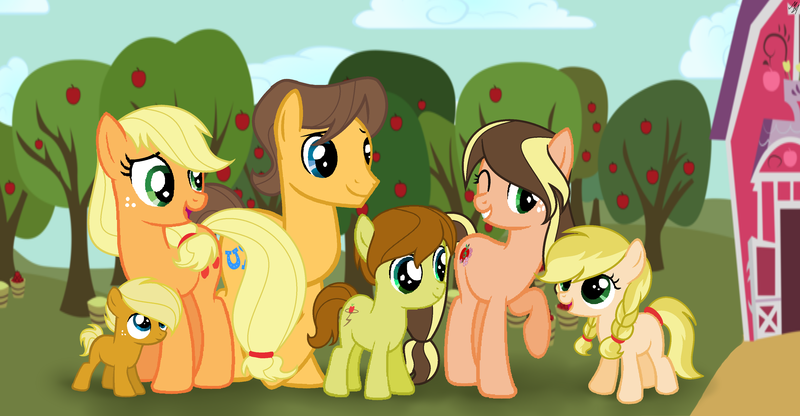 Size: 3617x1881 | Tagged: safe, artist:lunaapple, derpibooru import, applejack, caramel, oc, oc:apple melody, oc:cinnamon jack, oc:lasso roll, oc:melora, earth pony, pony, apple, apple tree, barn, base used, carajack, family, female, food, male, offspring, parent:applejack, parent:caramel, parents:carajack, shipping, straight, sweet apple acres, tree