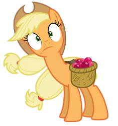 Size: 5869x6250 | Tagged: safe, artist:estories, derpibooru import, applejack, pony, absurd resolution, apple, basket, derp, food, hat, shrunken pupils, simple background, solo, transparent background, vector