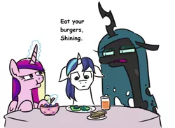 Size: 730x534 | Tagged: safe, artist:jargon scott, derpibooru import, edit, princess cadance, queen chrysalis, shining armor, alicorn, changeling, changeling queen, pony, unicorn, awkward, bread, cereal, changeling egg, dialogue, eat your hamburgers apollo, eating, egg, female, floppy ears, food, glowing horn, green eggs, green eggs and ham, horn, juice, magic, male, mare, meat, meme, orange juice, ponies eating meat, ponified meme, rhyming in the comments, scrunchy face, simple background, stallion, telekinesis, toast, white background