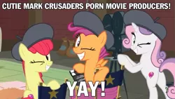 Size: 1280x720 | Tagged: apple bloom, caption, cutie mark, cutie mark crusaders, derpibooru import, edit, edited screencap, growing up is hard to do, image macro, meme, older, older apple bloom, older cmc, older scootaloo, older sweetie belle, scootaloo, screencap, suggestive, sweetie belle, text, the cmc's cutie marks