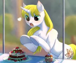 Size: 2300x1900 | Tagged: safe, artist:peachmayflower, derpibooru import, oc, oc:snow veil, unofficial characters only, pony, semi-anthro, unicorn, bipedal, bipedal leaning, cake, clothes, cute, drool, eyes on the prize, female, food, heart, heart eyes, leaning, looking at something, mare, open mouth, shoes, solo, want, window, wingding eyes