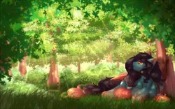 Size: 1700x1061 | Tagged: safe, artist:peachmayflower, derpibooru import, oc, unofficial characters only, pegasus, pony, commission, dappled sunlight, female, forest, freckles, gradient hooves, looking up, mare, outdoors, prone, smiling, solo, sunlight, tree, ych result