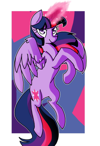 Size: 741x1078 | Tagged: safe, artist:snowolive, derpibooru import, part of a set, twilight sparkle, twilight sparkle (alicorn), alicorn, pony, abstract background, cutie mark, female, flying, glowing horn, horn, looking at you, mare, narrowed eyes, rearing, smiling, solo, spread wings, wings