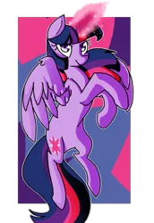 Size: 741x1078 | Tagged: safe, artist:snowolive, derpibooru import, part of a set, twilight sparkle, twilight sparkle (alicorn), alicorn, pony, abstract background, cutie mark, female, flying, glowing horn, horn, looking at you, mare, narrowed eyes, rearing, smiling, solo, spread wings, wings