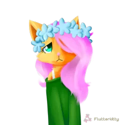 Size: 894x894 | Tagged: anthro, artist:myralilth, artist:snowolive, cat, catified, clothes, collaboration, derpibooru import, female, floral head wreath, flower, fluttercat, fluttershy, hair over one eye, looking at you, off shoulder, off shoulder sweater, safe, simple background, solo, species swap, sweater, sweatershy, transparent background