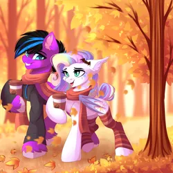 Size: 1280x1280 | Tagged: safe, artist:airiniblock, derpibooru import, oc, unofficial characters only, bat pony, pegasus, pony, autumn, bat pony oc, bat wings, clothes, coffee, female, full body, leaves, male, mare, rcf community, scarf, socks, tree, wings