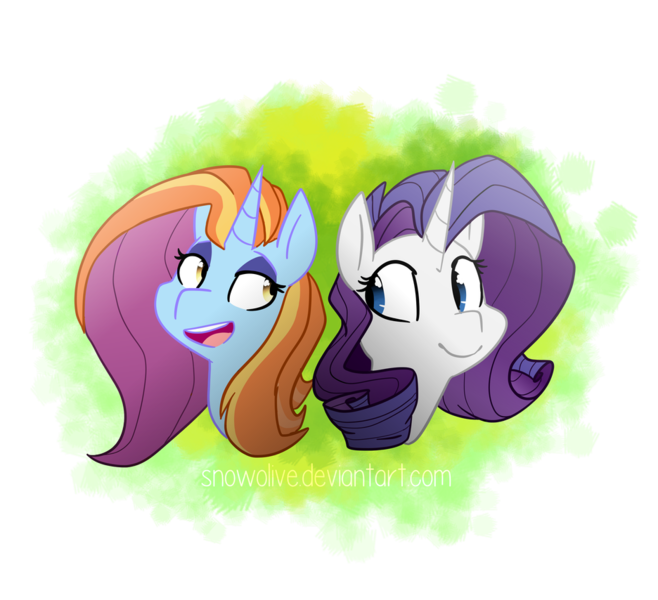 Size: 936x854 | Tagged: safe, artist:snowolive, derpibooru import, rarity, sassy saddles, pony, unicorn, abstract background, bust, female, lesbian, mare, open mouth, rarisaddles, shipping, smiling