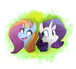 Size: 936x854 | Tagged: safe, artist:snowolive, derpibooru import, rarity, sassy saddles, pony, unicorn, abstract background, bust, female, lesbian, mare, open mouth, rarisaddles, shipping, smiling