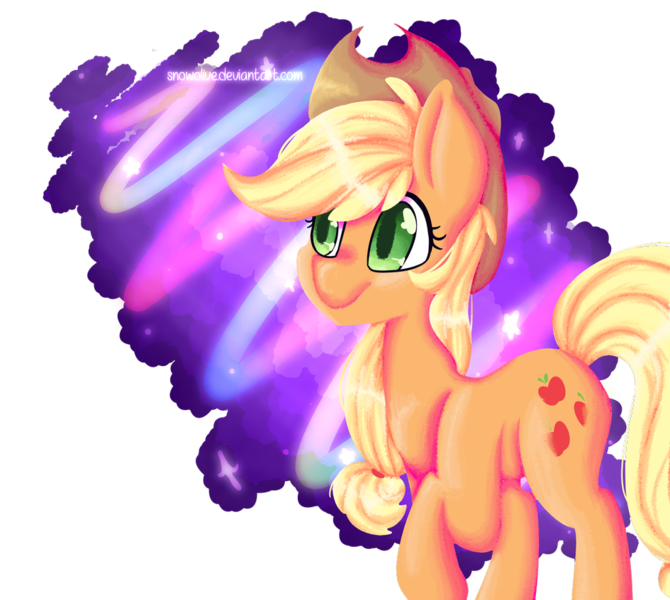 Size: 945x846 | Tagged: safe, artist:snowolive, derpibooru import, applejack, earth pony, pony, abstract background, cutie mark, female, mare, raised hoof, smiling, solo, stars