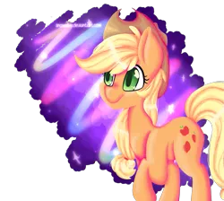 Size: 945x846 | Tagged: safe, artist:snowolive, derpibooru import, applejack, earth pony, pony, abstract background, cutie mark, female, mare, raised hoof, smiling, solo, stars