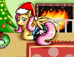 Size: 648x504 | Tagged: safe, artist:warped-dragonfly, derpibooru import, angel bunny, fluttershy, pegasus, pony, blanket, christmas, christmas tree, female, fire, fireplace, hat, holiday, mare, model train, prone, santa hat, tree