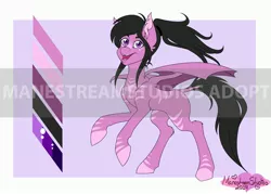 Size: 3500x2500 | Tagged: safe, artist:manestreamstudios, derpibooru import, oc, bat pony, pony, adoptable, adoption, bat pony oc, bat wings, cute, design, happy, hooves, palette, ponytail, prancing, solo, wings