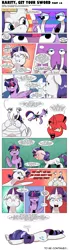 Size: 1271x4618 | Tagged: safe, artist:saturdaymorningproj, derpibooru import, rarity, twilight sparkle, oc, oc:tom the crab, crab, giant crab, pony, unicorn, comic:rarity get your sword, angry, comic, faceplant, i'm surrounded by idiots, impersonating, speech bubble, too dumb to live