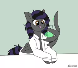 Size: 4128x3559 | Tagged: safe, artist:neoncel, derpibooru import, oc, oc:rune riddle, unofficial characters only, pegasus, pony, clothes, flask, lab coat, solo, tongue out, wing hands, wings