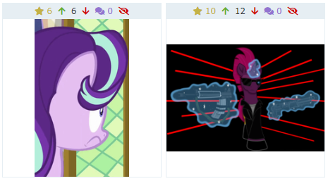 Size: 465x257 | Tagged: safe, derpibooru import, screencap, starlight glimmer, tempest shadow, unicorn, derpibooru, the crystalling, crossover, gun, meta, scared, terminator, weapon