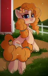 Size: 1400x2200 | Tagged: safe, artist:shadowreindeer, derpibooru import, pear butter, earth pony, pony, blushing, chest fluff, cute, ear fluff, female, fence, flower, flower in hair, mare, mum, outdoors, pearabetes, sitting, solo