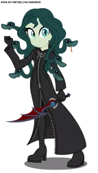 Size: 1700x2966 | Tagged: safe, artist:gamerpen, derpibooru import, oc, oc:medusa, gorgon, medusa, snake, equestria girls, crossover, disney, equestria girls-ified, kingdom hearts, looking at you, organization xiii, simple background, solo, transparent background, weapon