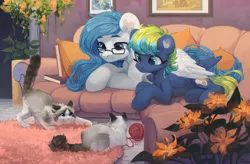 Size: 3072x2015 | Tagged: safe, artist:graypillow, derpibooru import, oc, unofficial characters only, cat, pegasus, pony, book, commission, couch, flower, hug, indoors, ragdoll, sitting, winghug, yarn, yarn ball